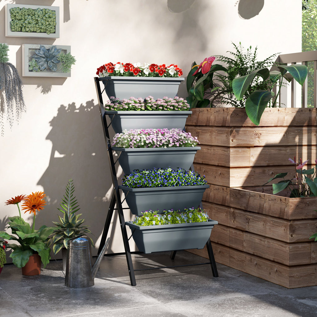 Jardinière surélevée avec étages jardinière verticale avec 5 bacs à fleurs trous de drainage cadre en acier gris-1