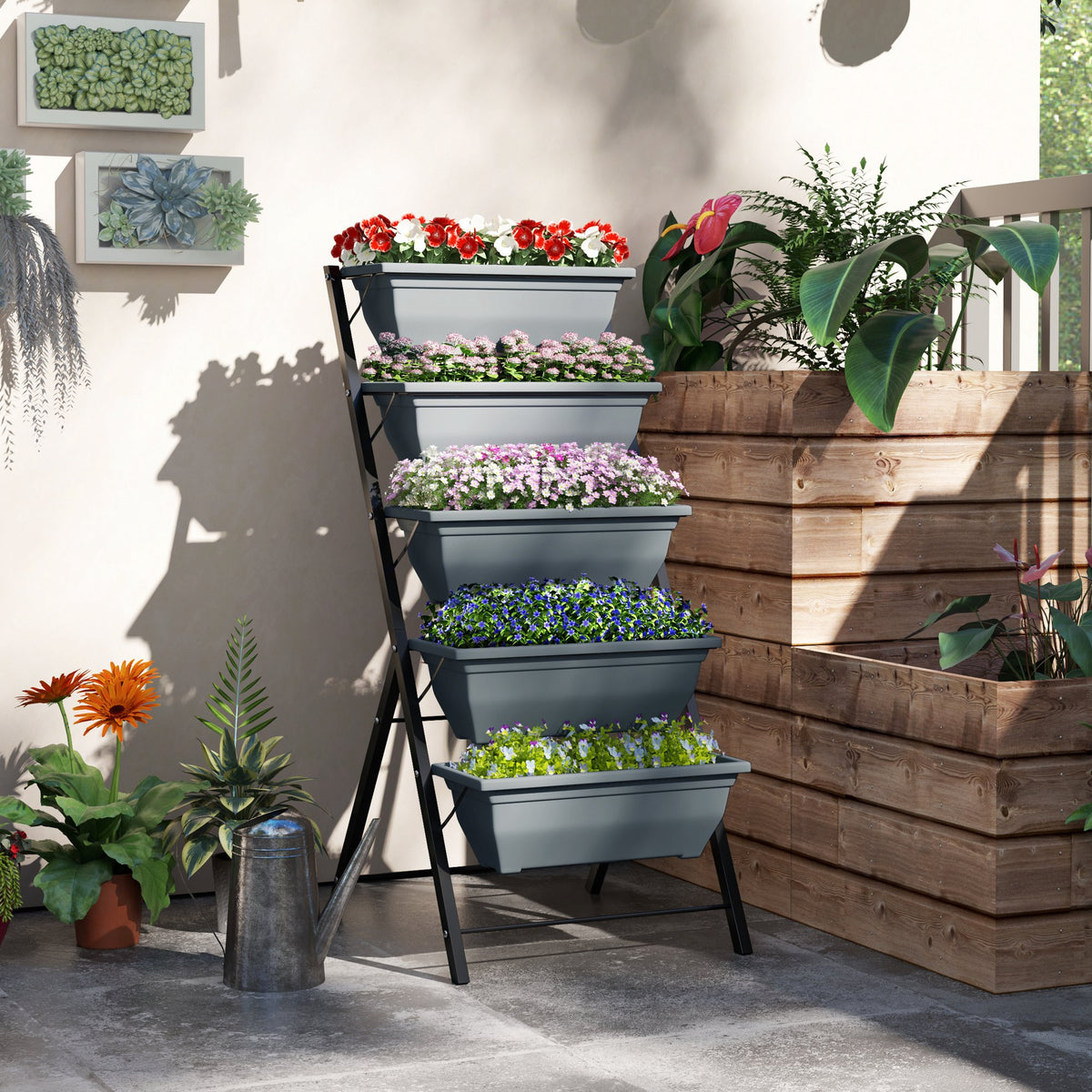Jardinière surélevée avec étages jardinière verticale avec 5 bacs à fleurs trous de drainage cadre en acier gris-1