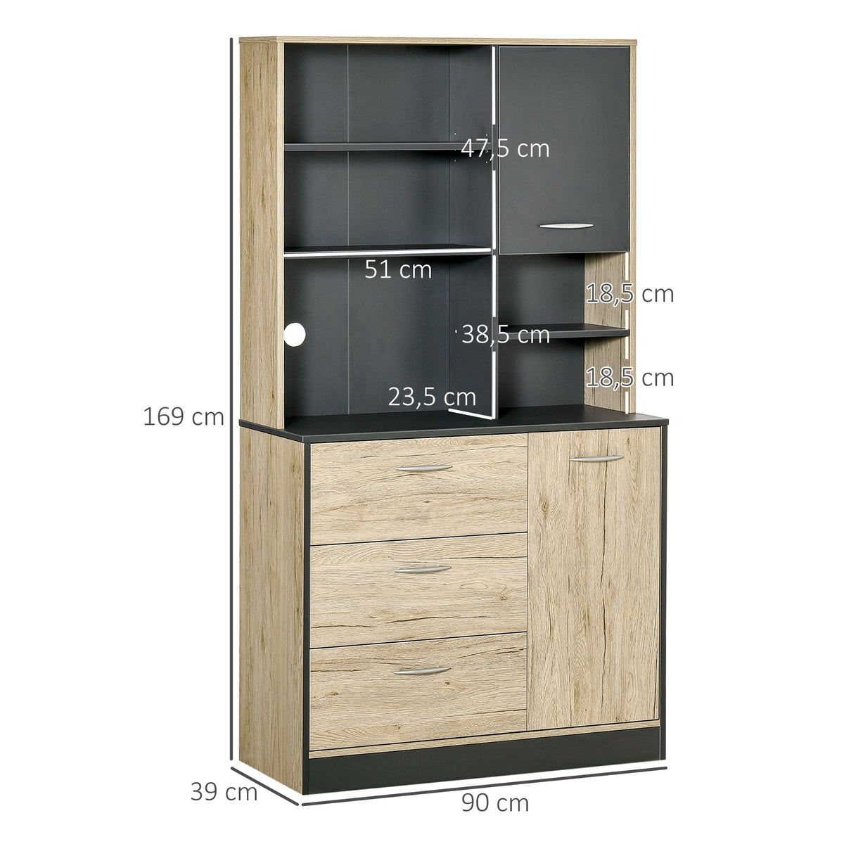 Buffet de cuisine armoire de cuisine multi-rangements 2 portes 3 tiroirs 3 étagères + grand plateau 90L x 39l x-2