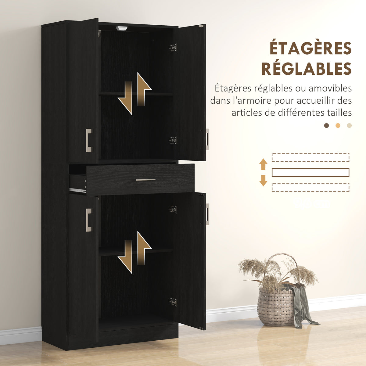Buffet haut armoire de cuisine 4 portes 2 placards et 1 tiroir central hauteur 180 cm avec 2 étagères réglables noir-4