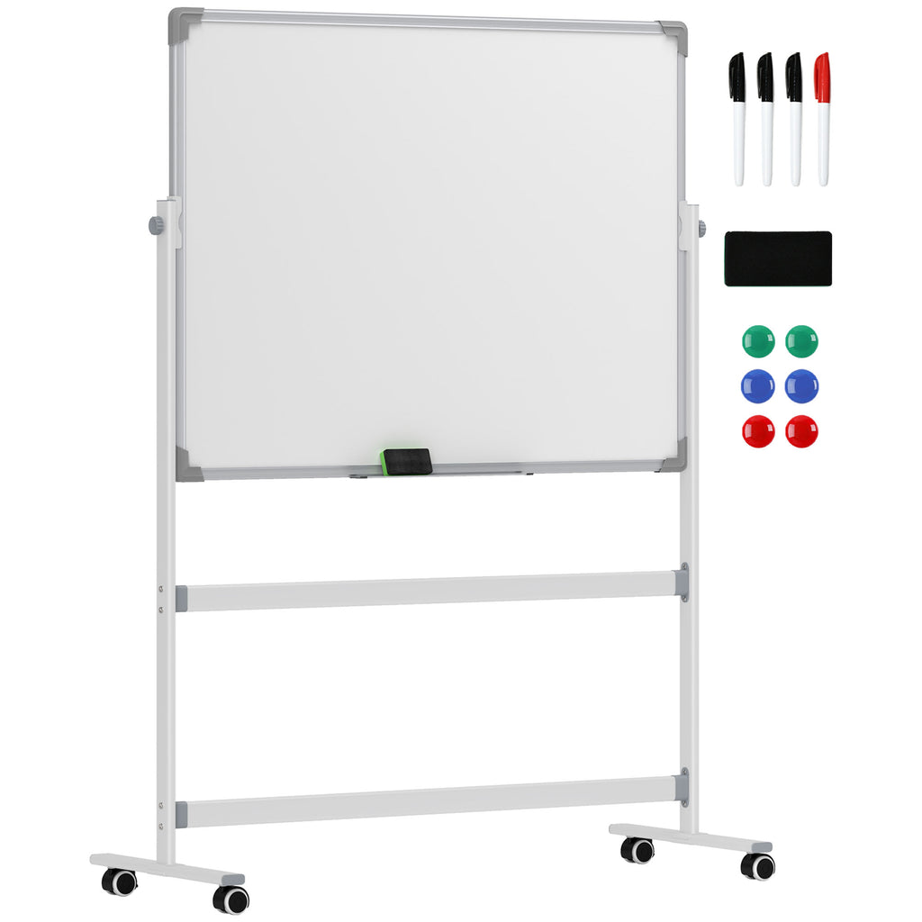 Tableau blanc magnétique double face effacable rotatif mobile avec support, aimants, marqueurs, gomme et roulettes-0