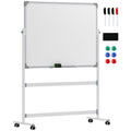 Tableau blanc magnétique double face effacable rotatif mobile avec support, aimants, marqueurs, gomme et roulettes-0