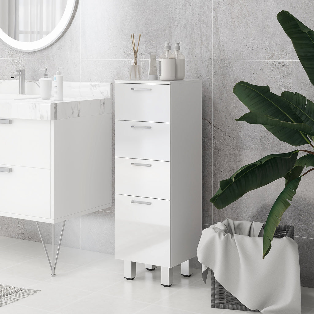 Meuble de salle de bain sur pied - 4 tiroirs et base surélevée, commode salle de bain salon chambre, 30x30x93cm, blanc-9