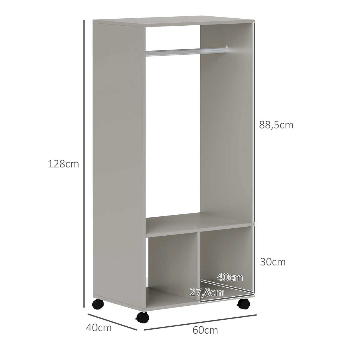 Armoire penderie étagère 2 niches penderie 4 roulettes pivotantes dim. 60L x 40l x 128H cm gris-2