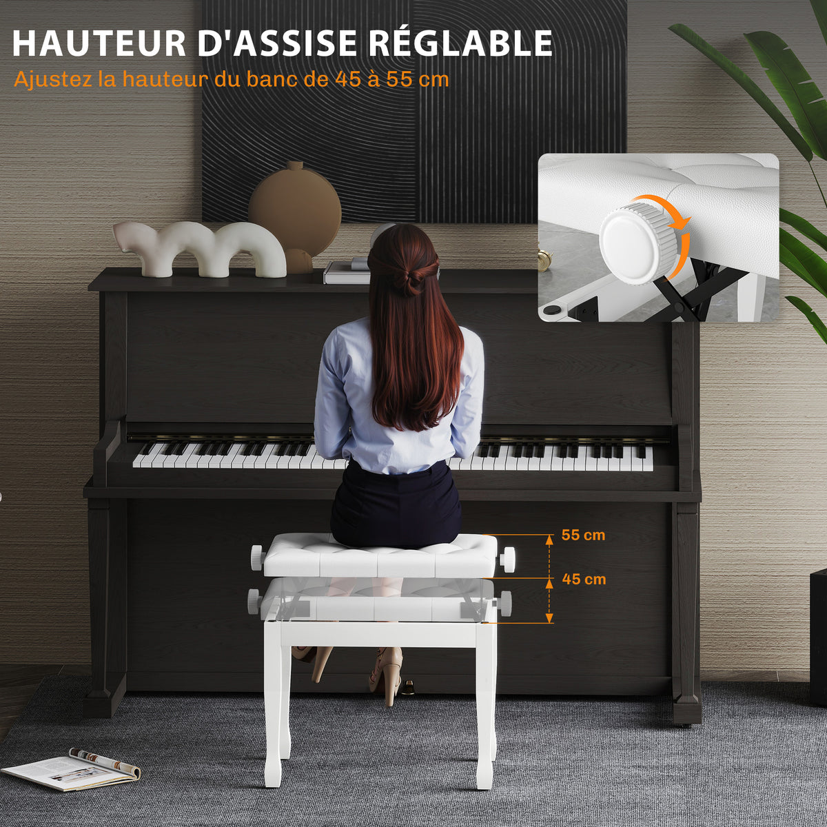 Banc de piano, banc de clavier réglable en hauteur en bois massif, siège rembourré, 64 x 35 x 45-55 cm, blanc-3