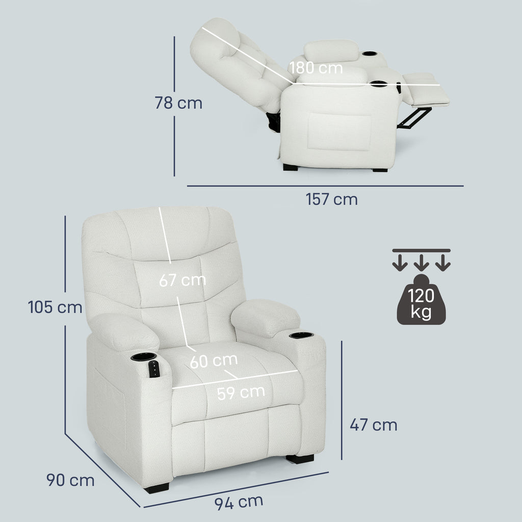 Fauteuil relax électrique, fauteuil inclinable, port USB, repose-pieds, porte-gobelets, 94 x 90 x 105 cm, crème-2