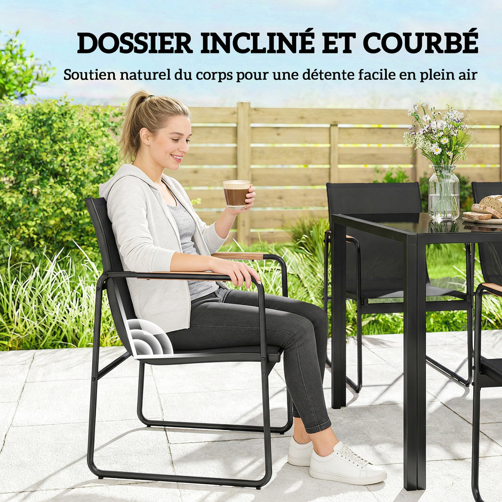 Ensemble de Salle à Manger d'Extérieur 7 Pièces pour 6 Personnes, Table en Verre et Chaises avec Accoudoirs Décoratifs, Maille Résistante aux Intempéries, Noir-4