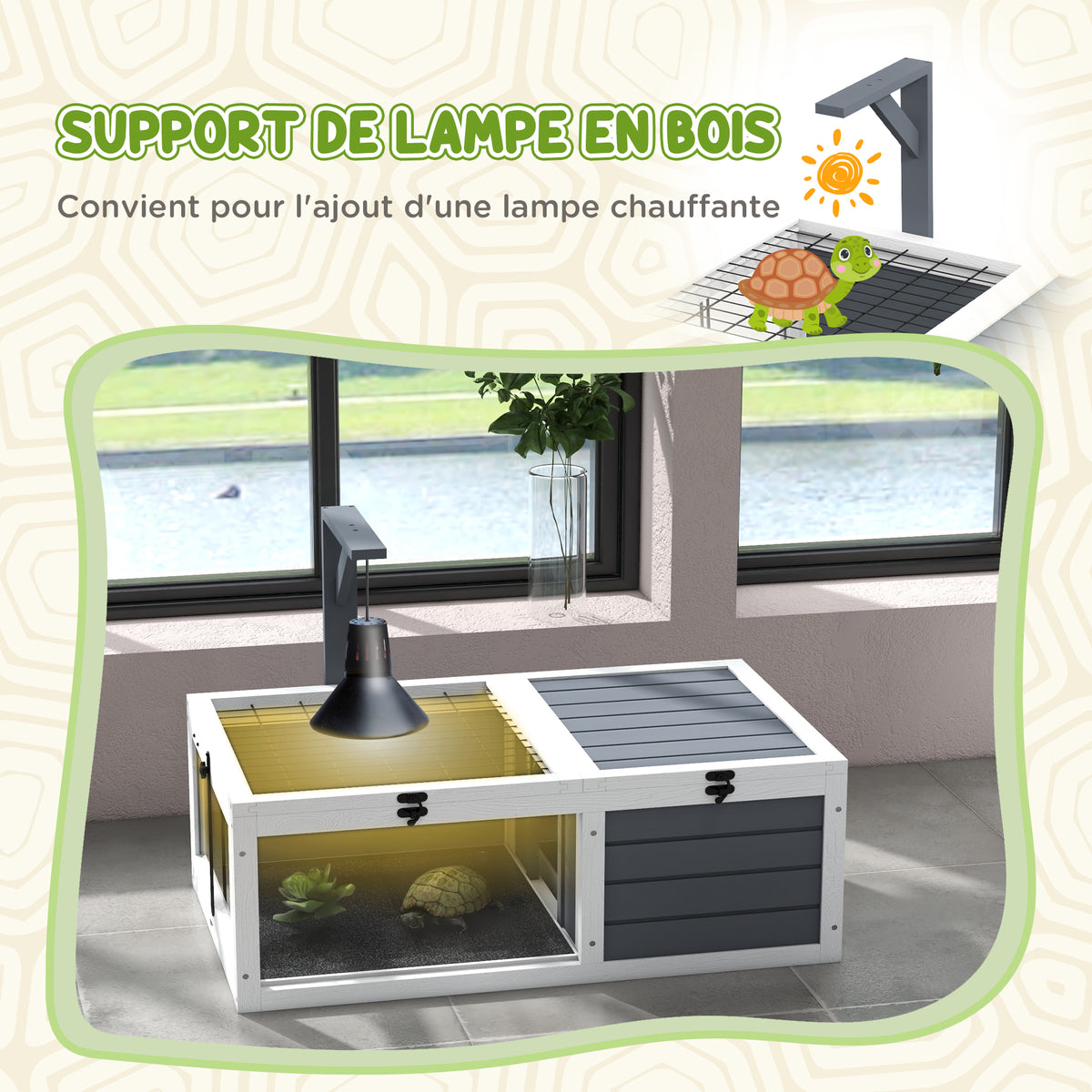 Maison enclos cage pour petit animal tortue avec 2 espaces support de lampe 81 x 48 x 31,5 cm gris-4