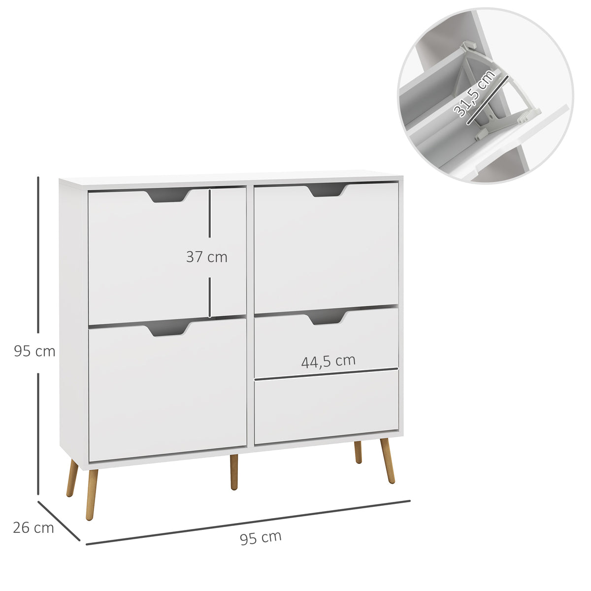 Meuble à chaussures 4 abattants 16 paires avec étagère réglable pieds en bois de pin 95 x 26 x 95 cm blanc-2