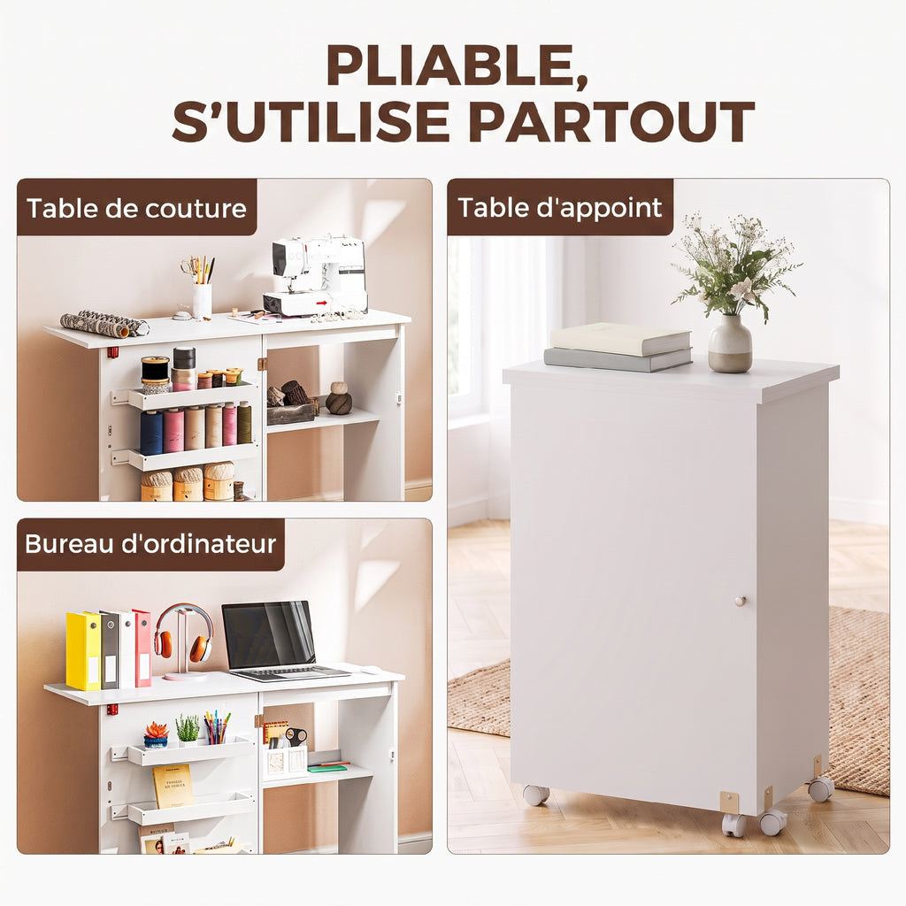 Table de couture pliante meuble couture à abattant avec bacs de rangement, étagère ouverte et roulettes, blanc-5