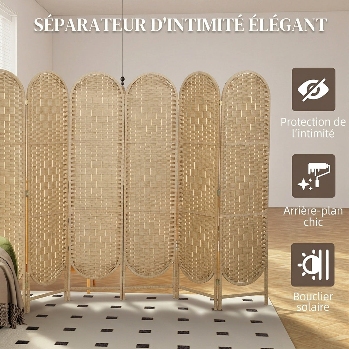 Paravent interieur ovale 6 panneaux 240 x 170 cm séparateur de pièce pliable, léger et tissé, bois naturel-3