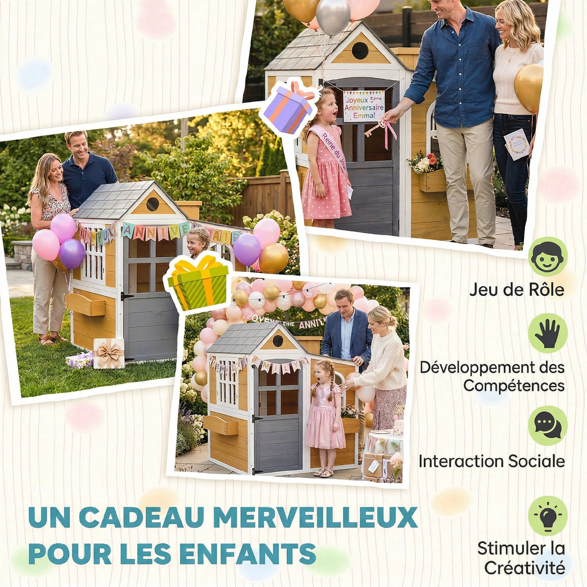 Cabane enfant extérieur en bois, maison enfant extérieure/intérieure avec porte, fenêtres, 3 bacs à fleurs, jaune-6