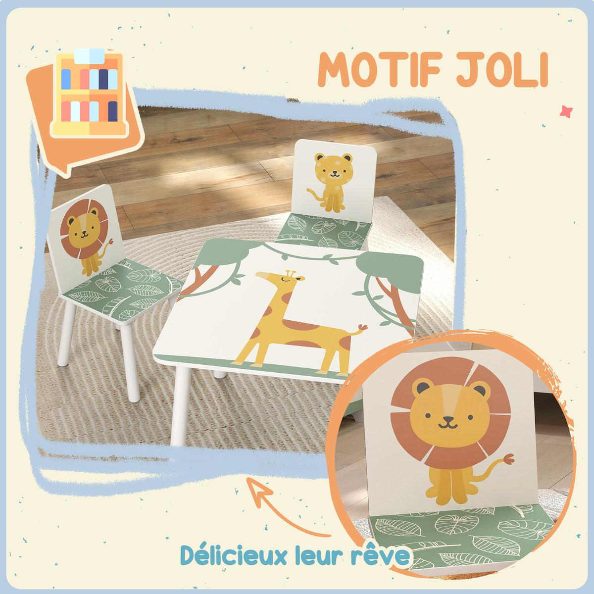Table enfant avec chaise, ensemble table et 2 chaises enfant en bois, motifs animaux, 60 x 60 x 44 cm, vert-4