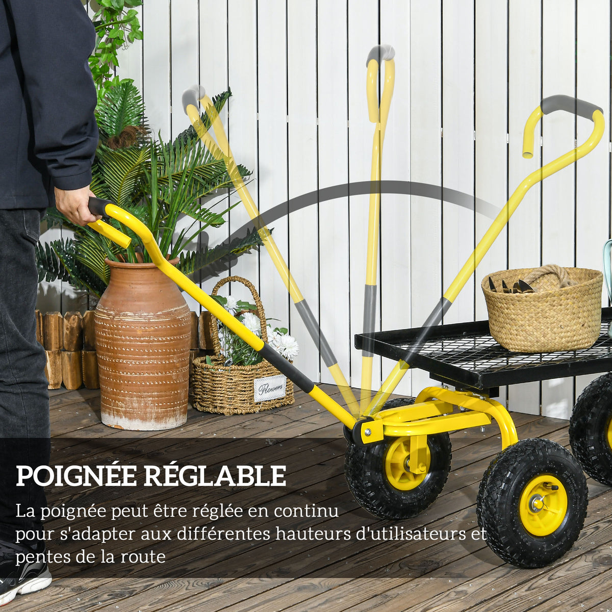 Chariot de transport jardin remorque à main charrette à bras 4 roues 94 x 48,5 x 100 cm charge max. 150 Kg métal jaune-3
