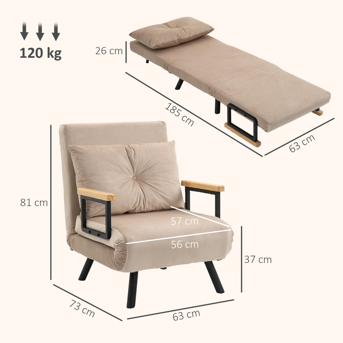 Fauteuil convertible 3 en 1 lit 1 place dossier 5 positions, accoudoirs en bois et coussin, tissu effet velours, beige-2