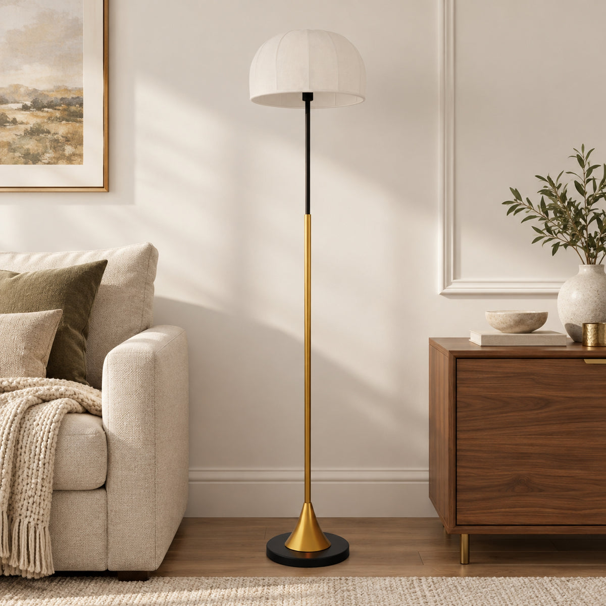 Lampadaire sur Pied Salon 40W avec Abat-Jour en Forme de Dôme, Interrupteur à Pédale, 158 cm, Doré et Blanc-1