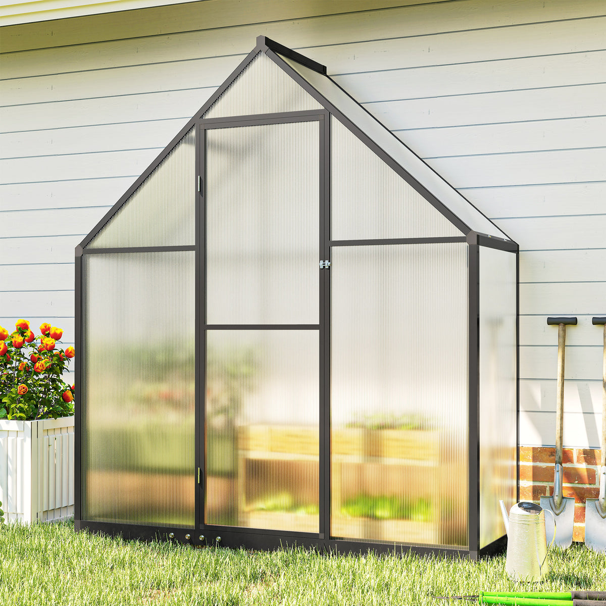 Serre de Jardin en Aluminium Polycarbonate, Montage Rapide, Fenêtre Réglable, Porte Battante, 170x58x195cm, Transparent-8