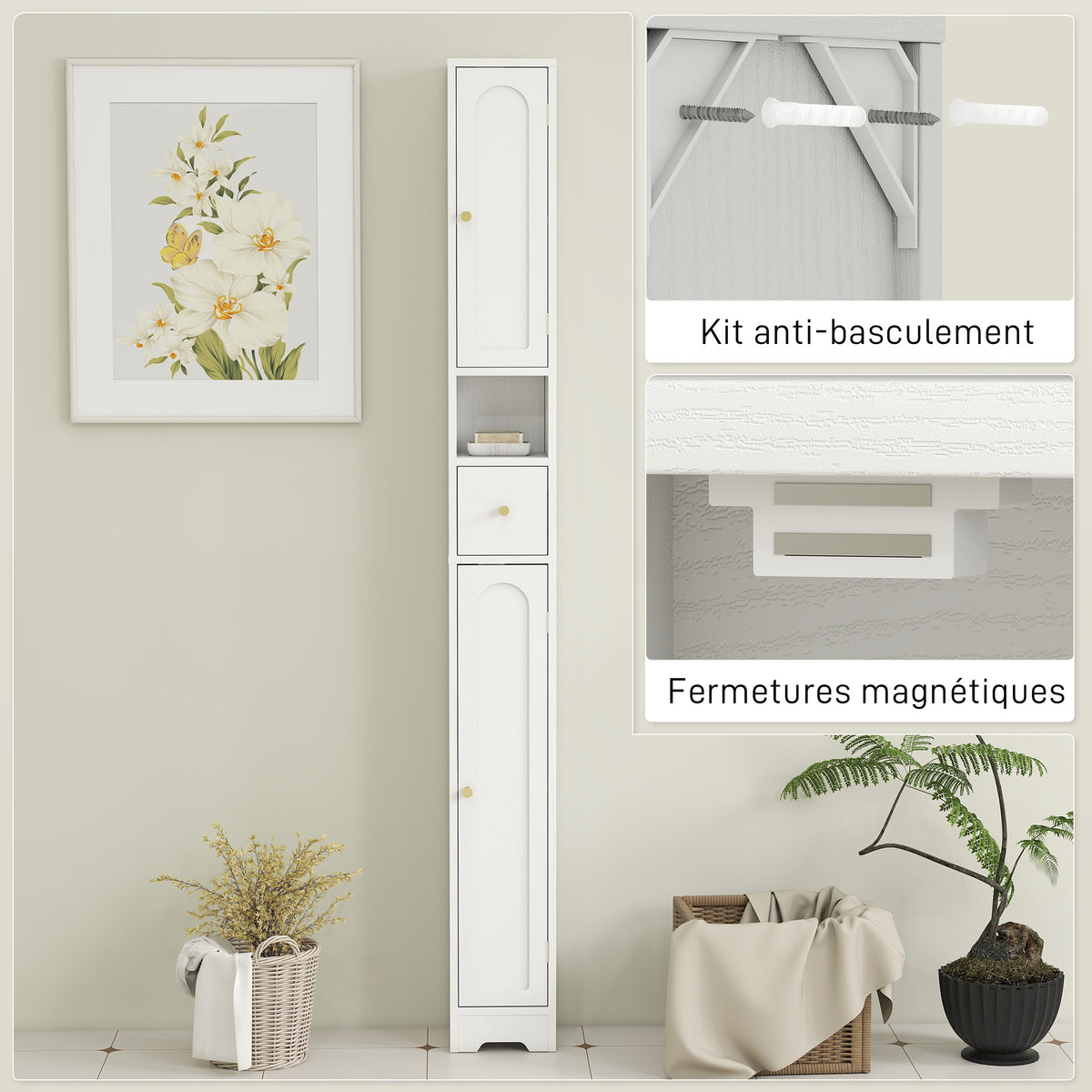 Meuble colonne salle de bain, meuble de rangement, 2 portes, tiroir, compartiment ouvert, étagère réglable, blanc-6