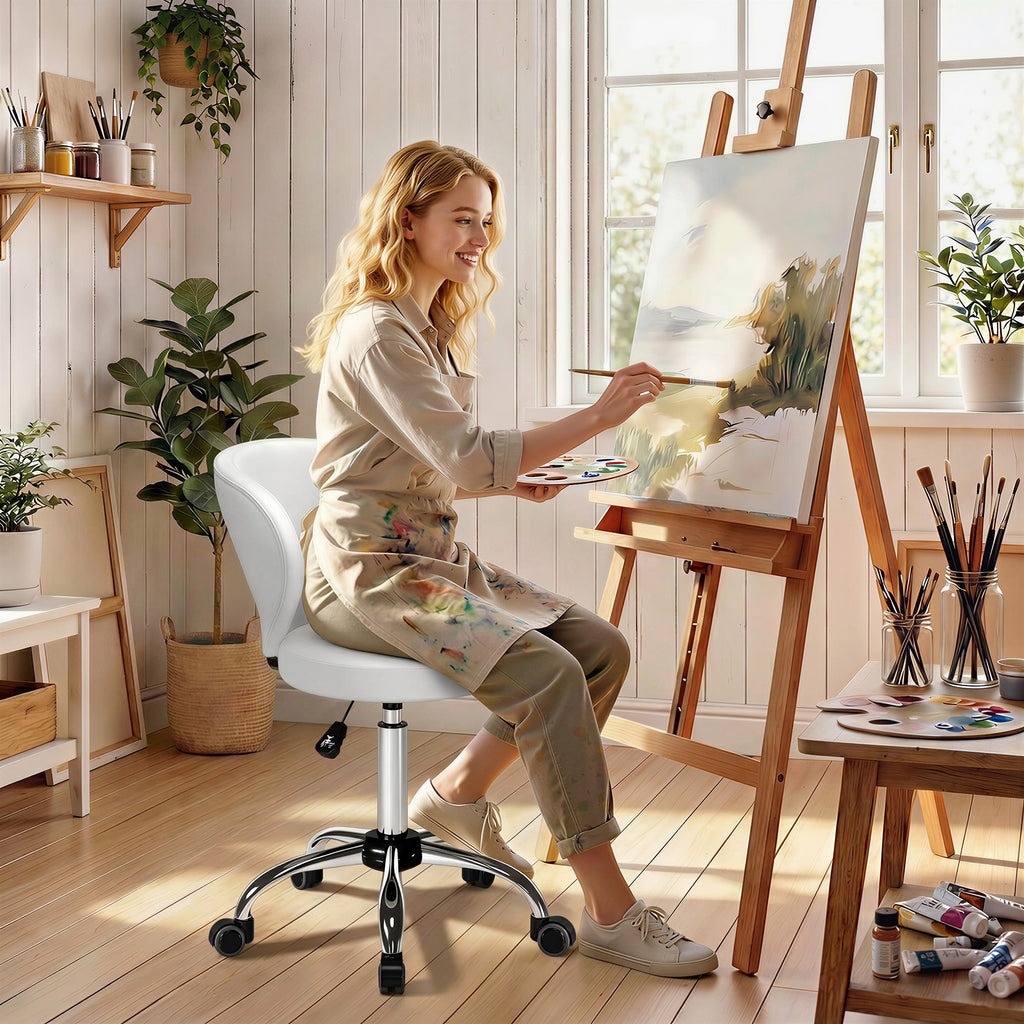Tabouret à roulettes, tabouret de massage en PU avec hauteur réglable 73-88 cm et dossier, pivotant 360°, blanc-9