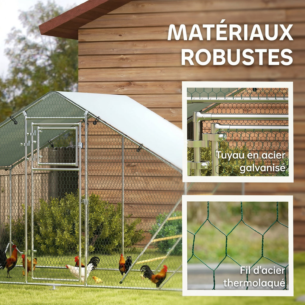 Enclos poulailler extérieur parc grillagé 6 m² avec perchoir et mangeoire acier galvanisé Ø25mm 300x200x195cm argent-7