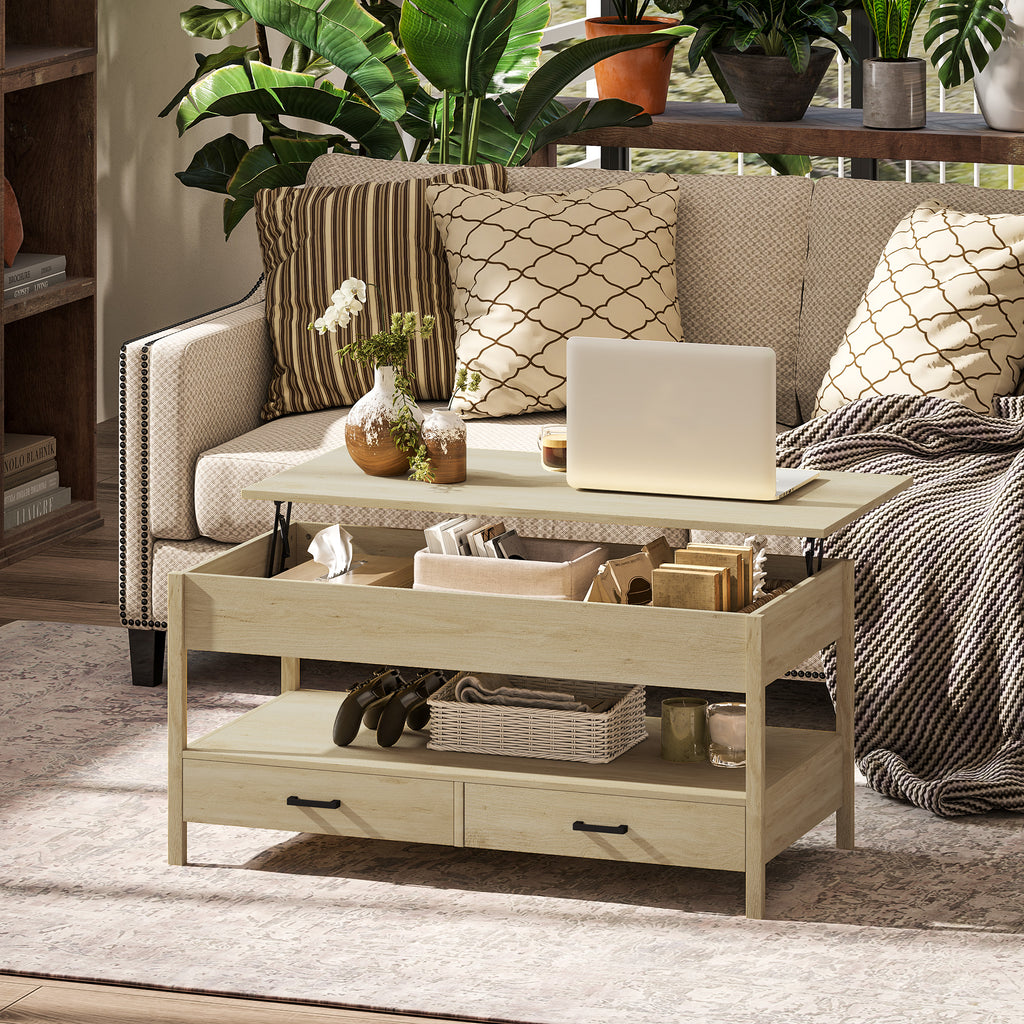 Table basse relevable, table basse avec tiroirs et compartiment caché pour salon, bureau à domicile, chêne-9