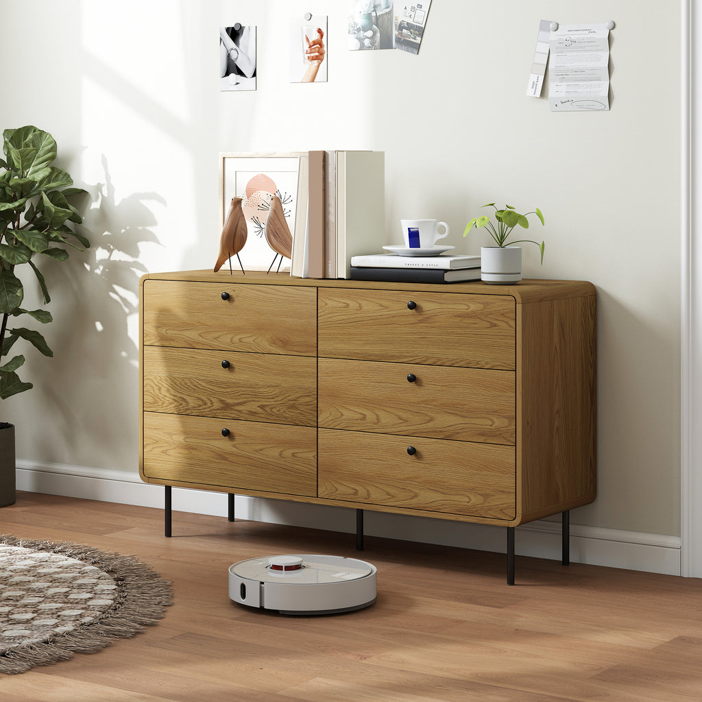Commode 6 tiroirs meuble de rangement style moderne coins arrondis et pieds en acier 120 x 40 x 75cm effet bois de chêne-7