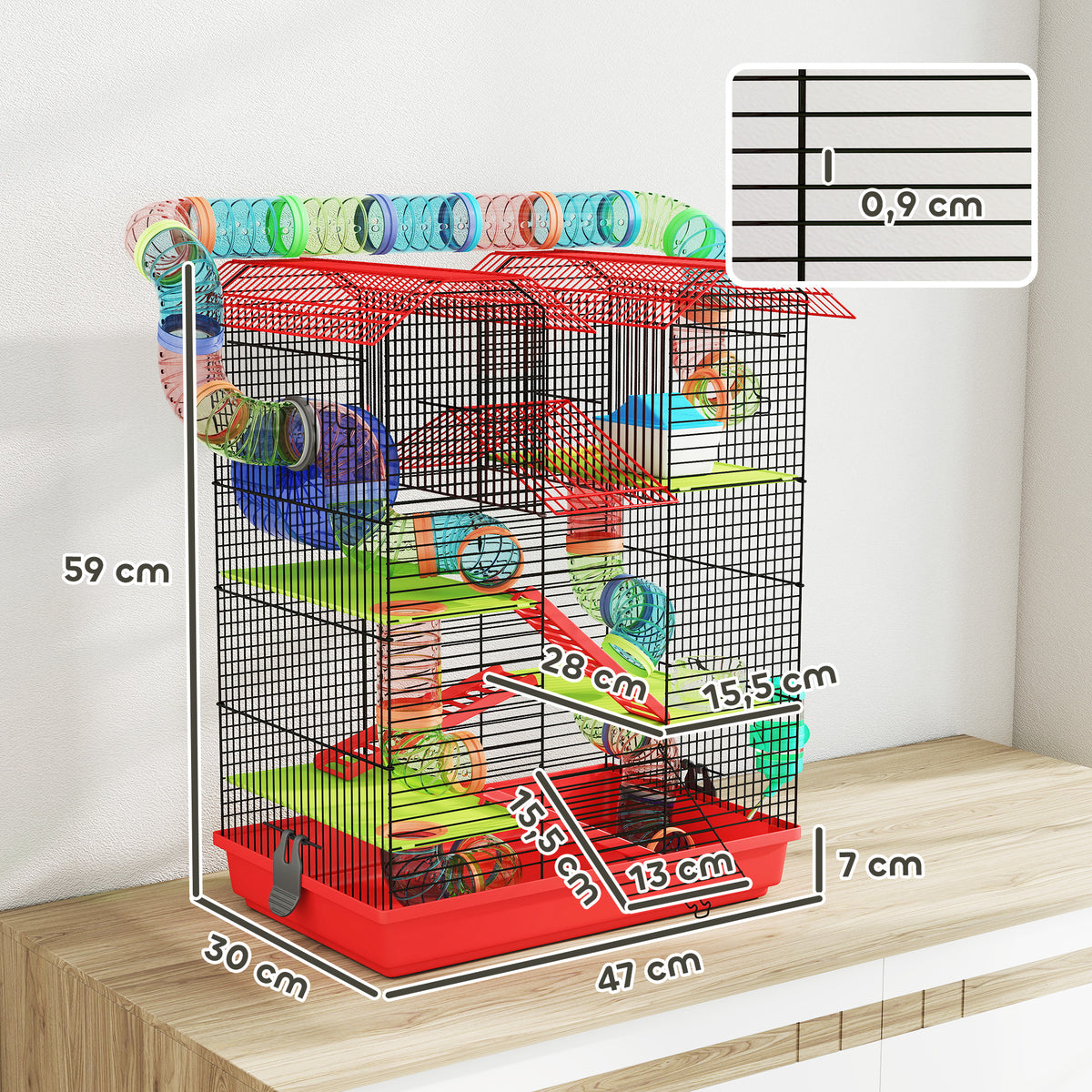 Cage pour hamster souris petit animaux rongeur avec tunnel mangeoire roue jouet 47 x 30 x 59 cm rouge-2