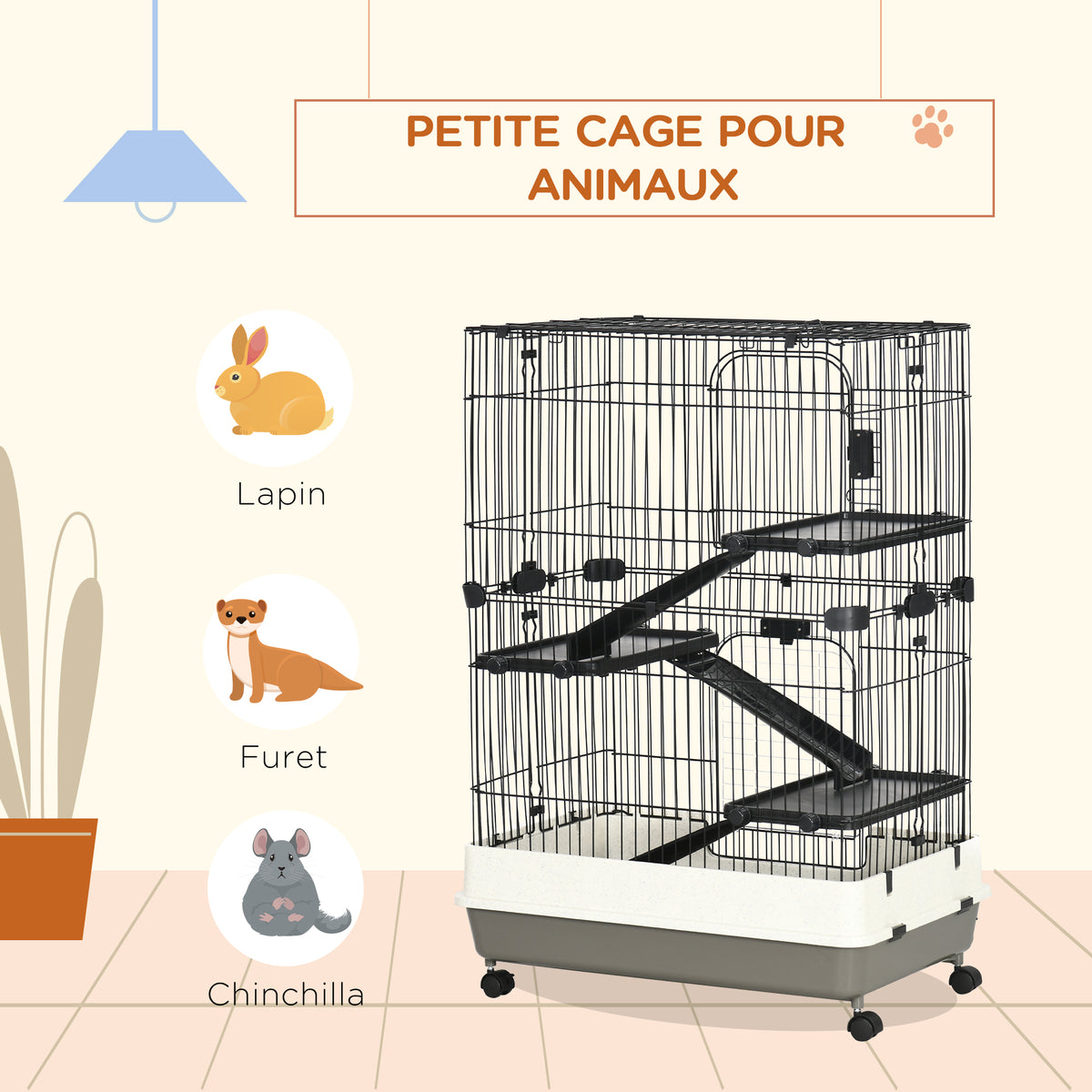 Cage pour petits animaux roulante 3 plates-formes démontables 3 rampes plateau inférieur amovible métal PP 81,2 x 52,7 x 114 cm noir-5