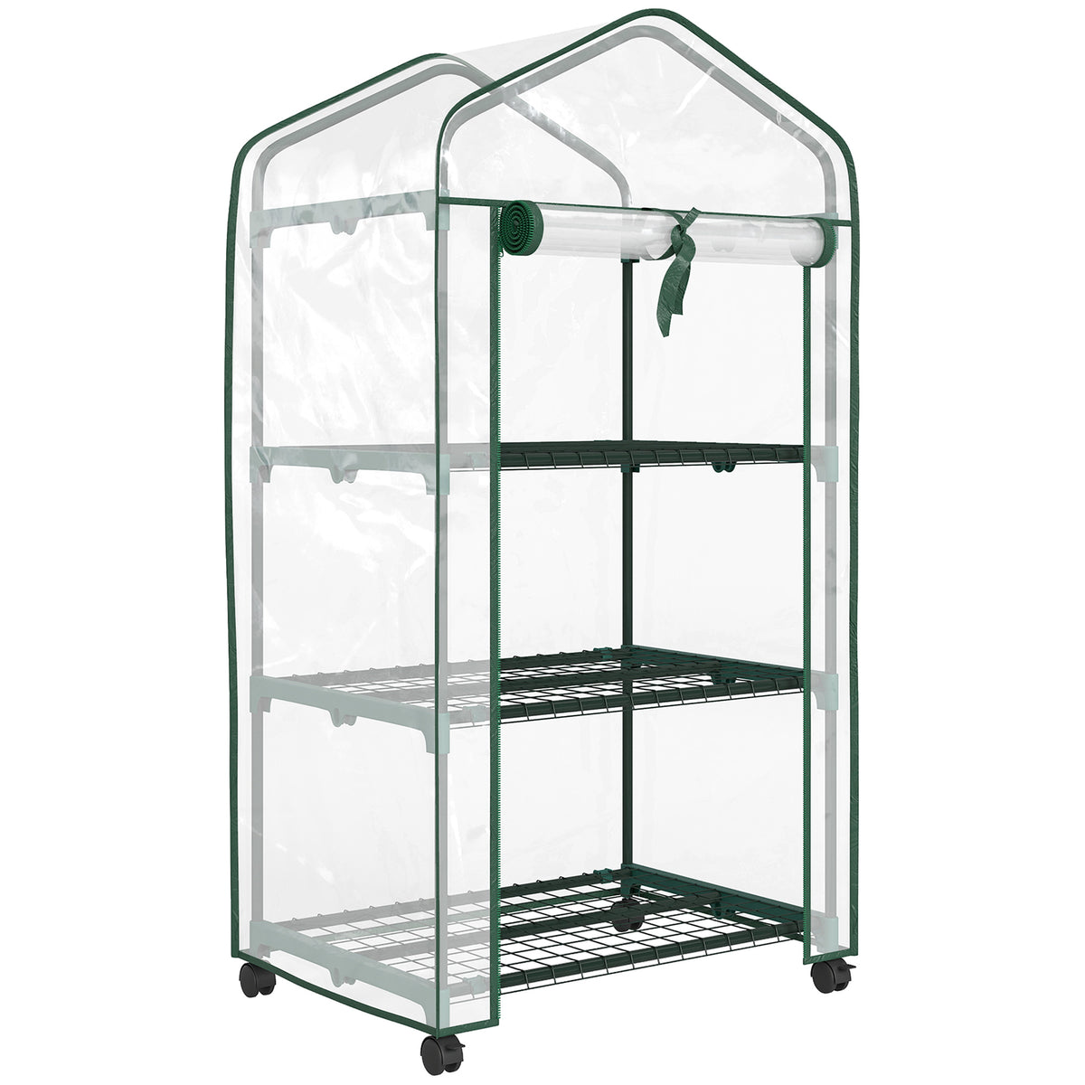 Mini serre de jardin avec 3 étagères, bâche PVC haute densité, porte enroulable 4 roulettes 69 x 49 x 130 cm transparent-0