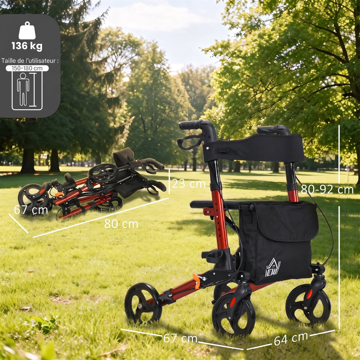 Déambulateur 4 Roues Pliable en Aluminium, Hauteur Réglable 6 Positions, Freins Doubles, Rangement, 64x67x92cm, Rouge-2