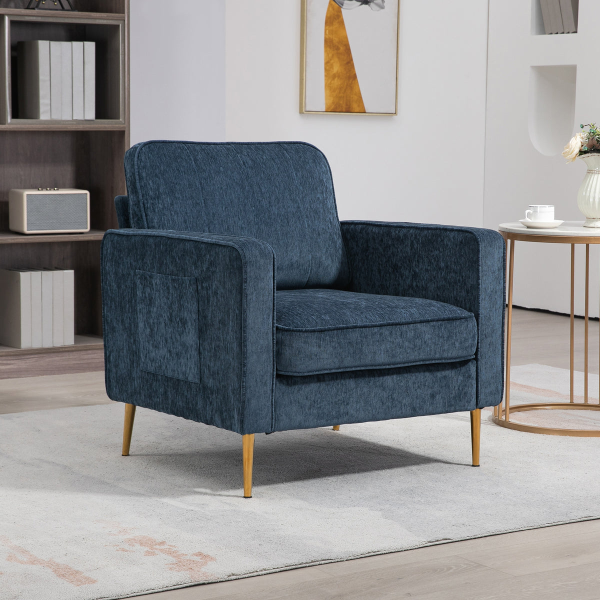 Fauteuil en tissu avec pieds en acier doré, grand confort, pochettes latérales, pour salon, bureau, chambre, bleu-1