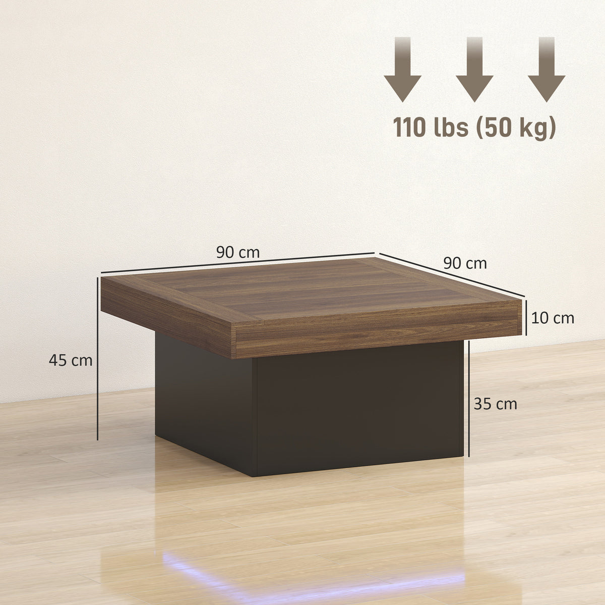Table basse carrée avec éclairage LED 16 couleurs, table de salon moderne, 90 x 90 x 45 cm, noyer-2