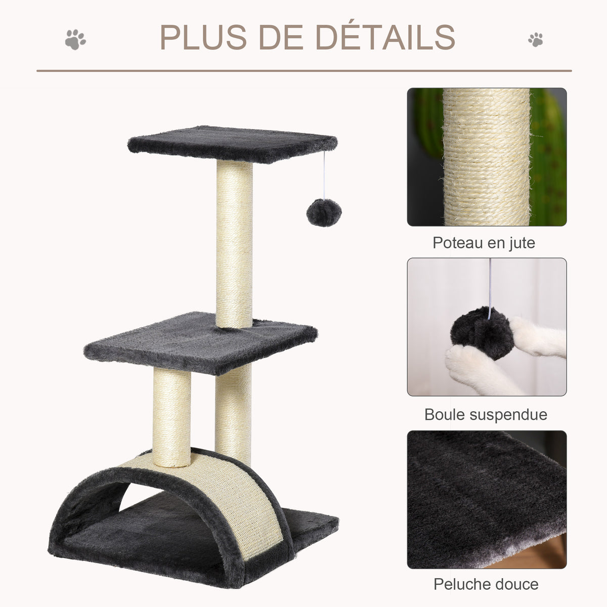 Arbre à chat arbre à grimper griffoir pour chat hauteur 72 cm balle suspendue gris foncé-4
