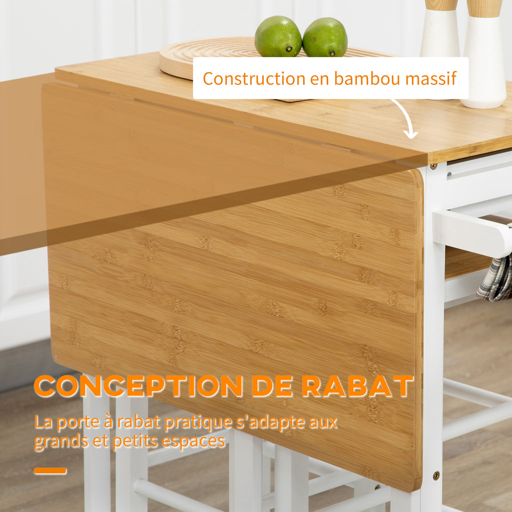 Ensemble table de bar pliable roulettes + 2 tabourets blanc et bois clair - 2 tiroirs et porte-torchons-3