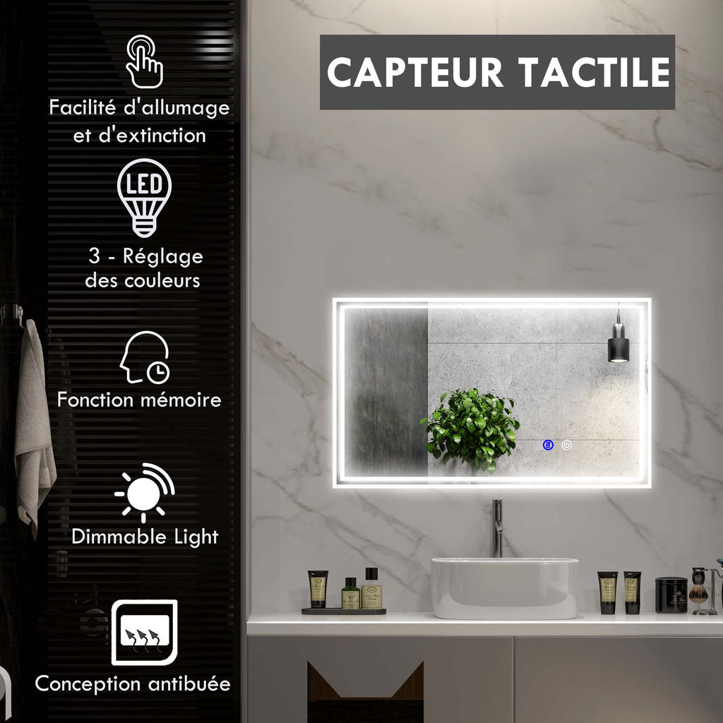 Miroir de salle de bain rectangulaire mural lumineux LED horizontal ou vertical, 100 x 60 cm-3