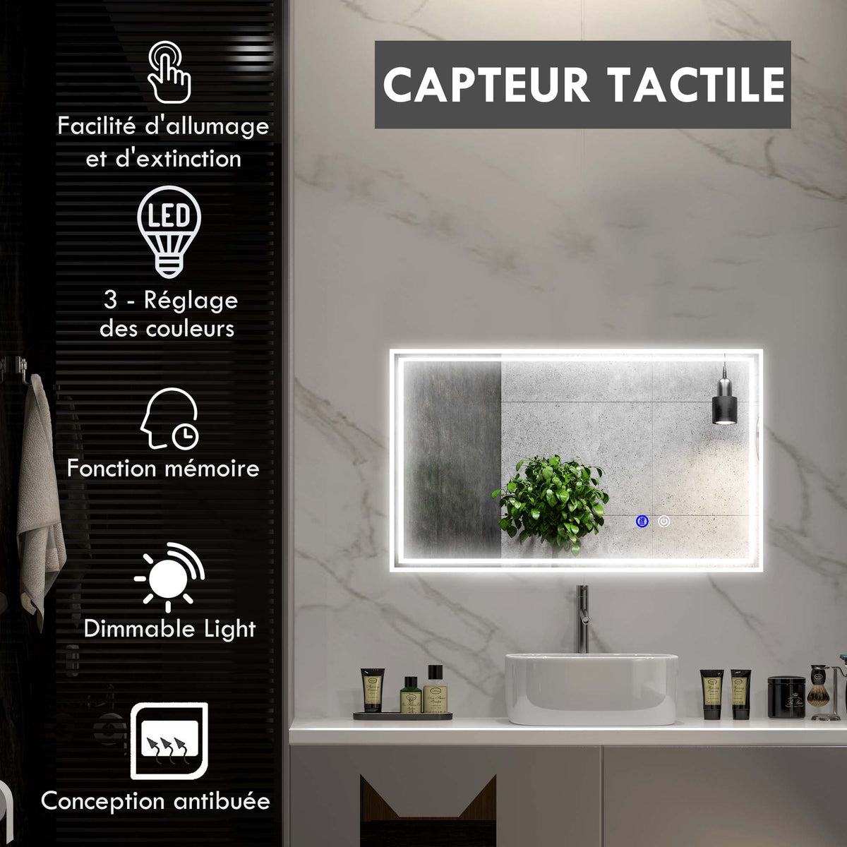 Miroir de salle de bain rectangulaire mural lumineux LED horizontal ou vertical, 100 x 60 cm-3