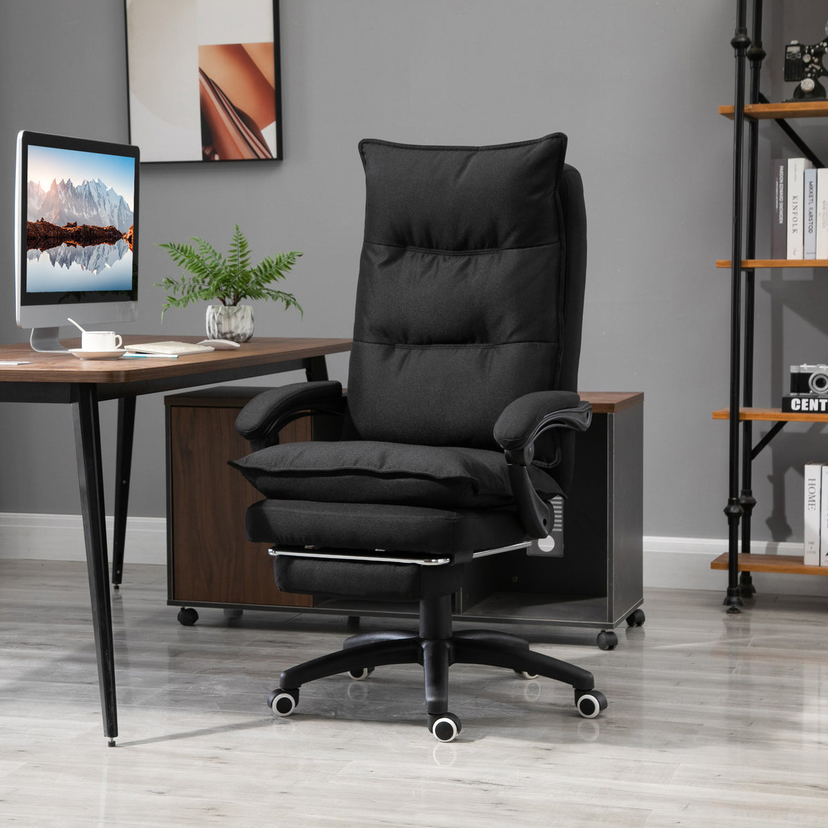 Fauteuil de bureau massant, chaise de bureau, chaise ergonomique avec hauteur réglable, dossier inclinable, repose-pied intégré et télécommande filaire, pivotant à 360°, toile de lin noir-8