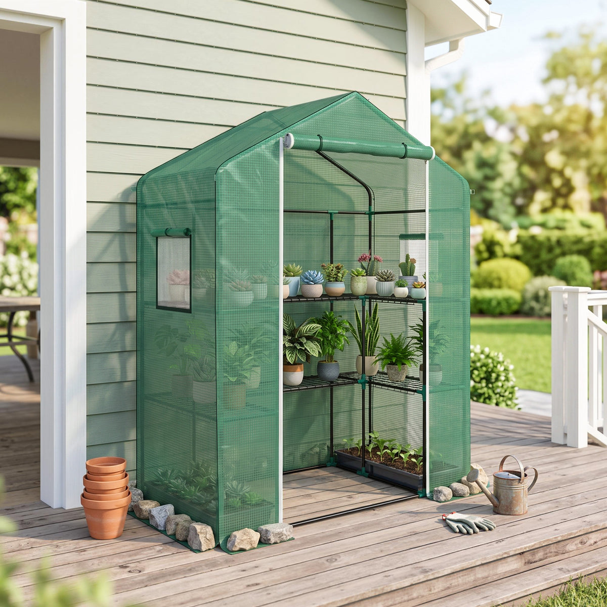 Serre de jardin avec 1 porte, 2 fenetres et 2 étagères en forme de U pour Légumes Plantes Fleurs Bâche PE 140x73x190 cm-7