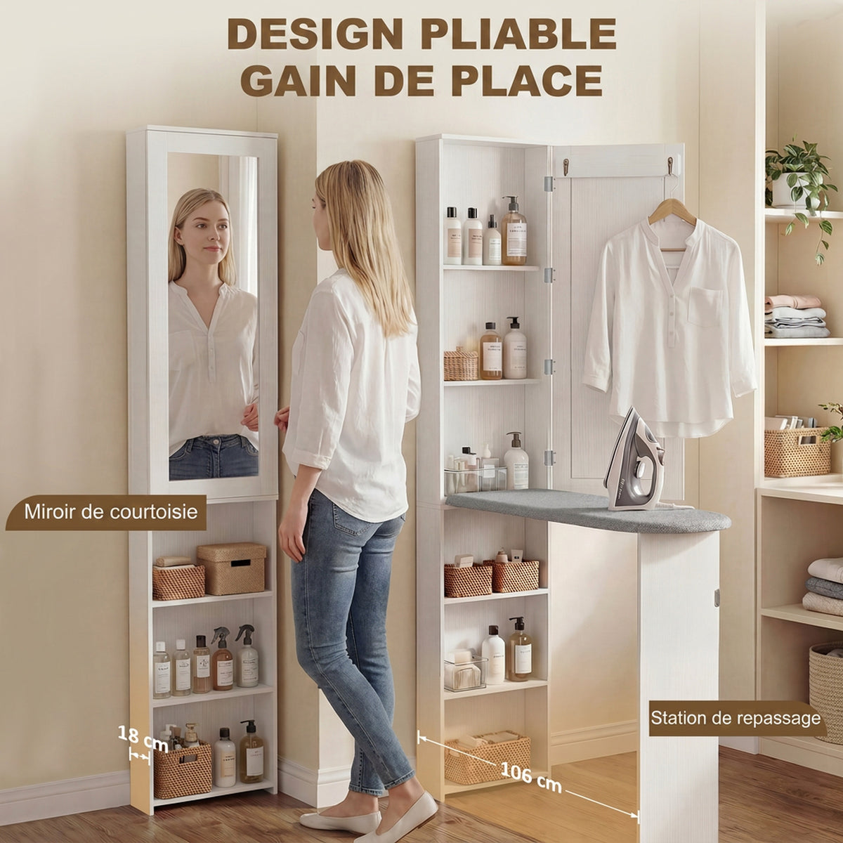 Armoire de Planche à Repasser Pliable avec Miroir, Armoire de Rangement avec 6 Compartiments, 2 Crochets, Blanc-3