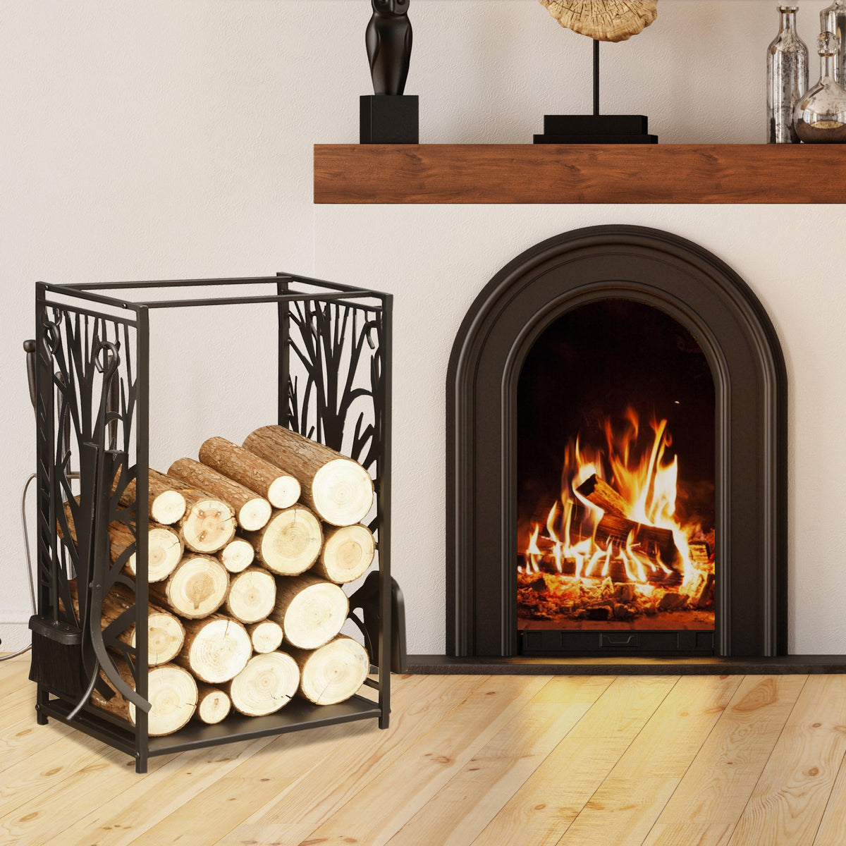 Porte bûches - Range bûches Serviteur de cheminée Arbre - Multi Accessoires étagère 46L x 29l x 70H cm Acier Noir-1