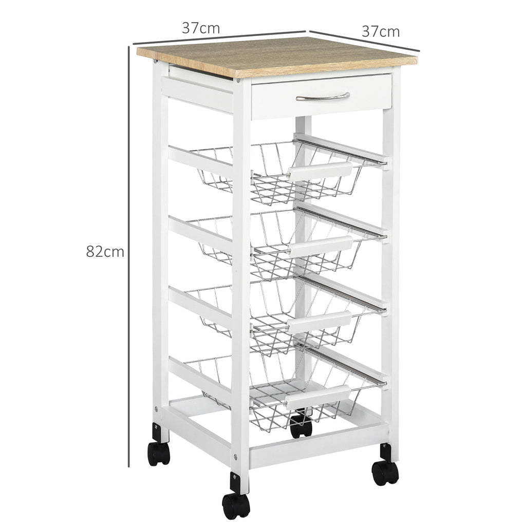 Chariot de service desserte à roulettes multi-rangements 4 paniers métal + tiroir bois de pin 37 x 37 x 82 cm blanc-2