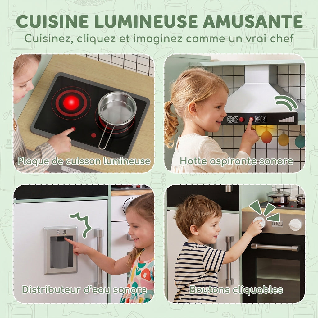 Cuisine Enfant Jouet d'Imitation, Micro-Ondes, Four, Plateau Rotatif sur Roulettes, 160x32x97,5cm, Vert Clair-3
