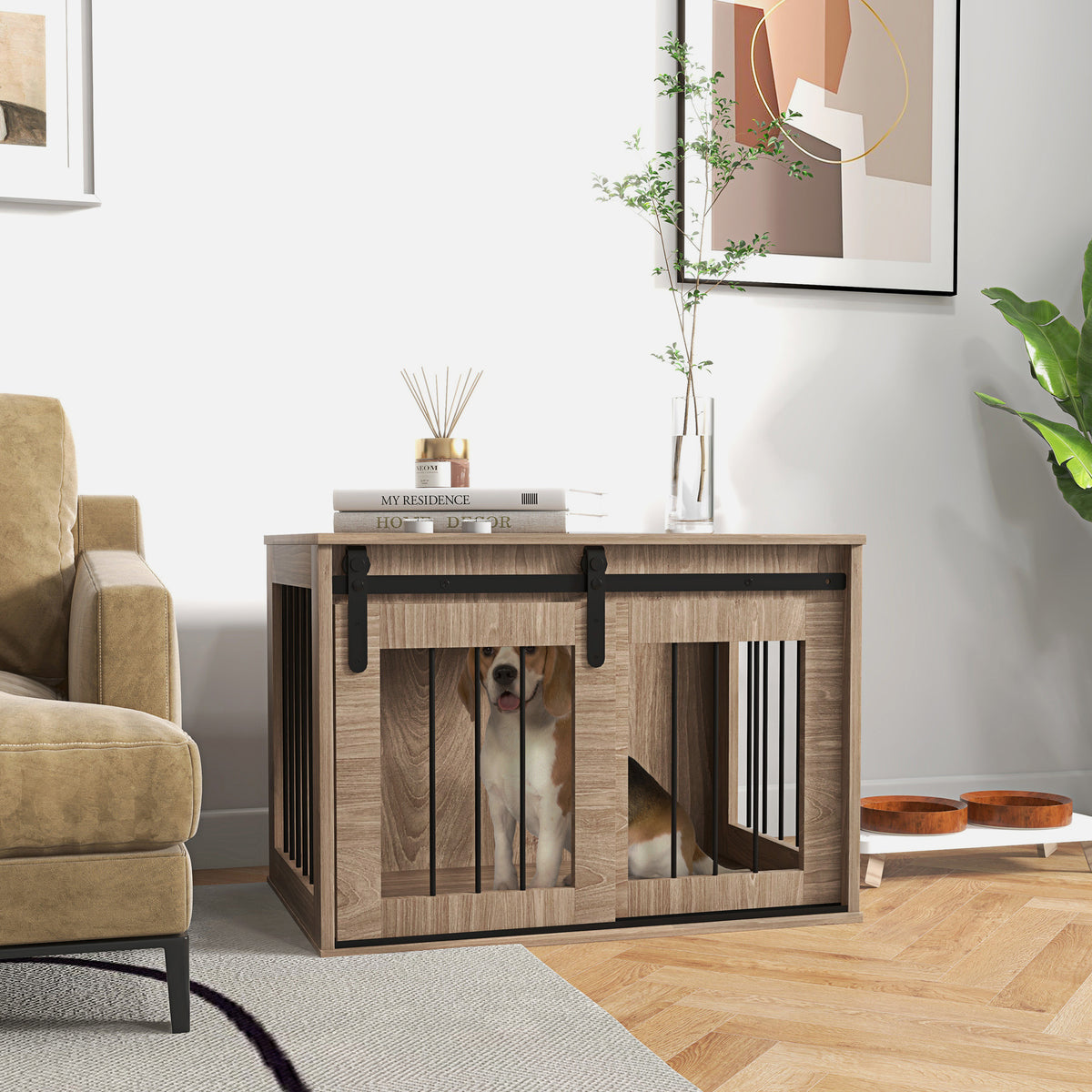 Cage caisse pour chien animaux intérieur porte coulissante, métal effet bois, dim. 57H x 80L x 54l cm-1
