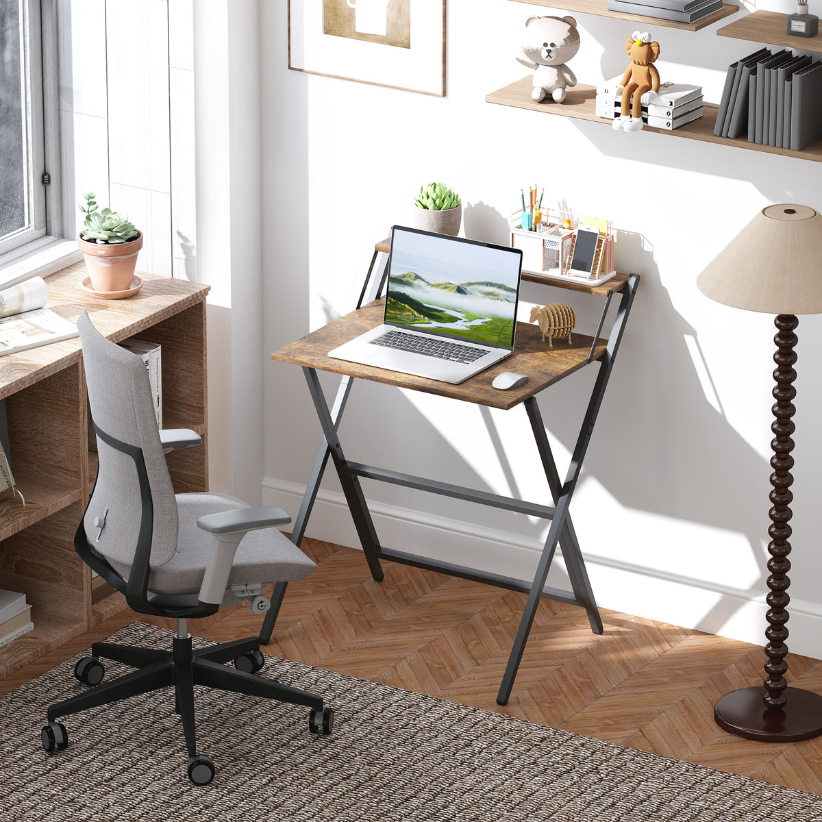Bureau pliable 65,5 x 45 cm avec étagère de rangement pour chambre, petits espaces, brun rustique-1