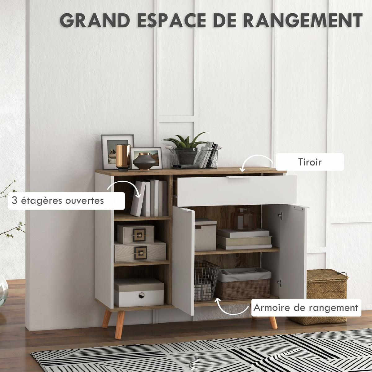 Meuble de rangement buffet cuisine 1 tiroir 1 placard double porte 3 étagères réglables 95 x 35 x 85 cm blanc-3