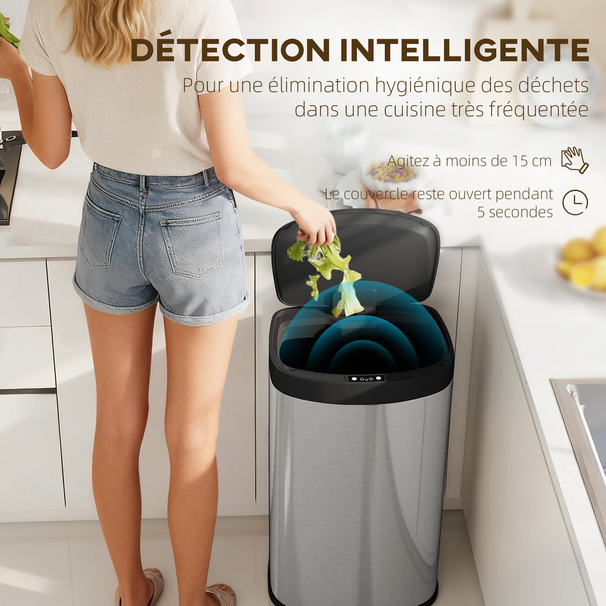 Poubelle cuisine automatique 55L en acier inoxydable, poubelle à couvercle à fermeture en douceur, 38x28,5x69cm, argent-3
