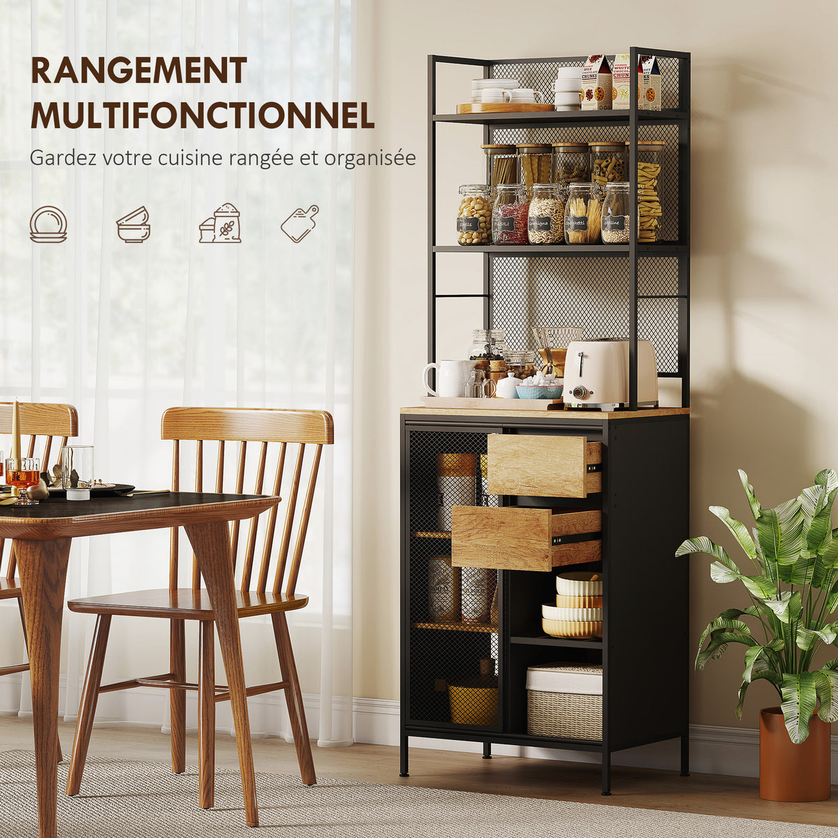 Buffet, armoire de cuisine, plan de travail, porte coulissante, tiroirs et étagères ouvertes, 60x40x180cm, bois naturel-3