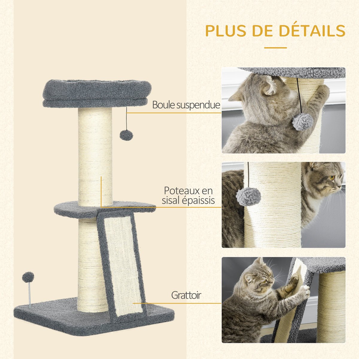 Arbre à chat avec griffoir tronc en sisal boules suspendues et plate-forme d'observation hauteur 92 cm - gris-4