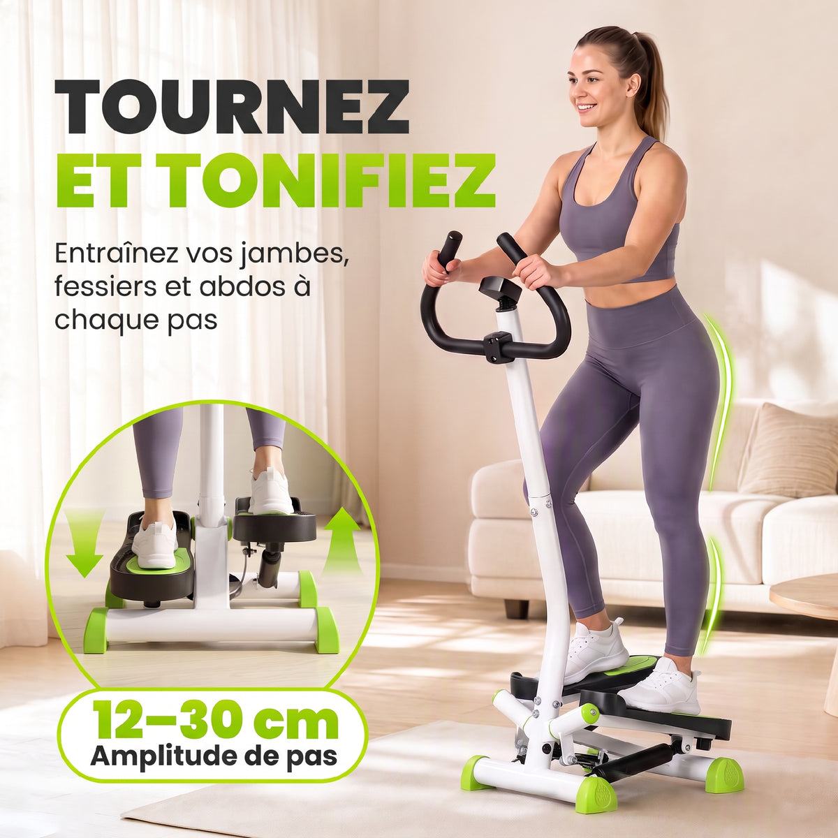 Stepper avec Guidon, Stepper Twist, Écran LCD, Résistance Réglable, Exercice Hanches, Jambes, Lombes, pour Maison, Acier, Blanc, Vert, Noir-3