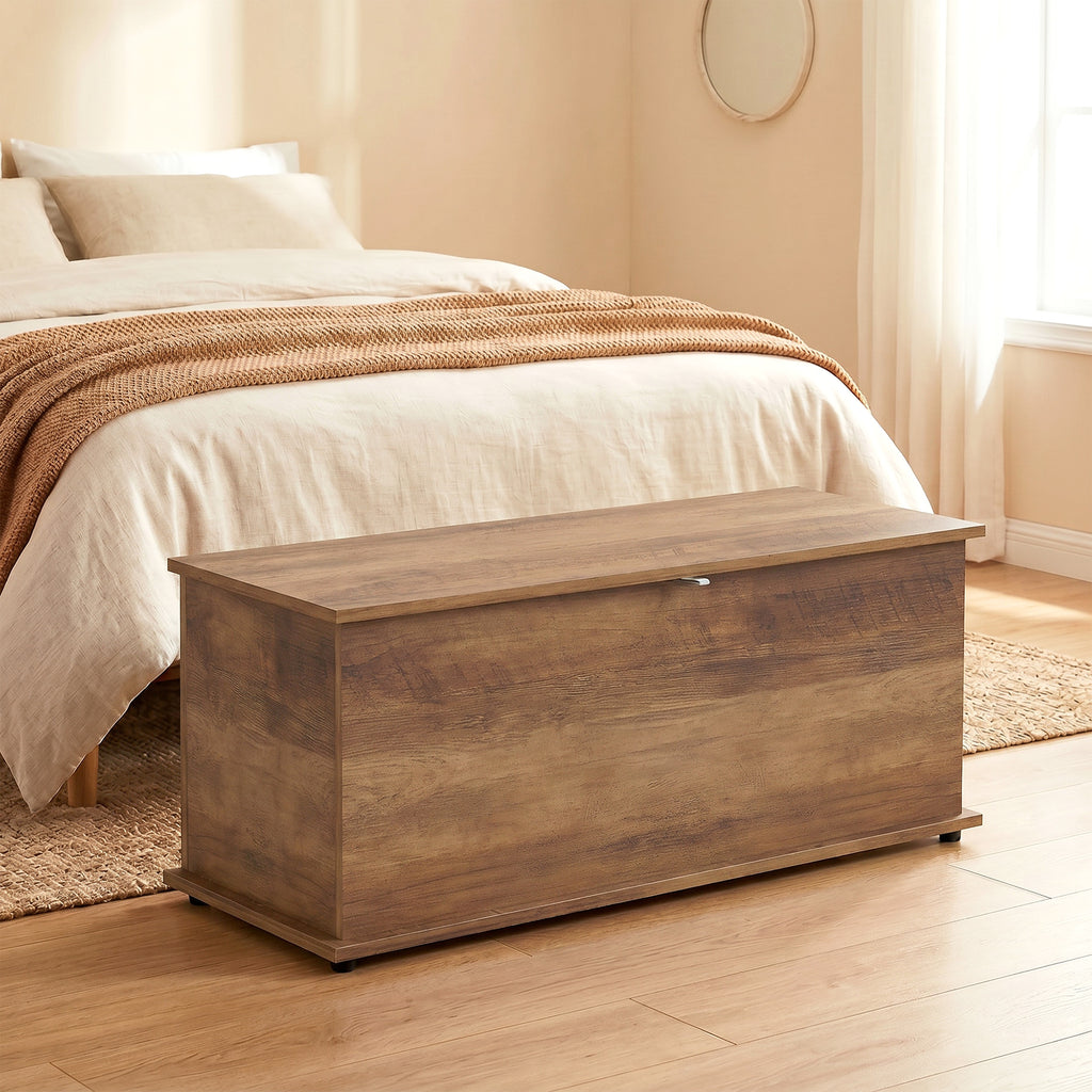 Coffre de rangement, banc de rangement avec couvercle rabattable et charnières de sécurité, 100 x 40 x 40 cm, marron-1